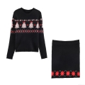 Women's Christmas Knit Sweater And Skirt Set Long Sleeve Round Neck Christmas Tree Argyle Jacquard Two Piece Outfits For Holiday Party