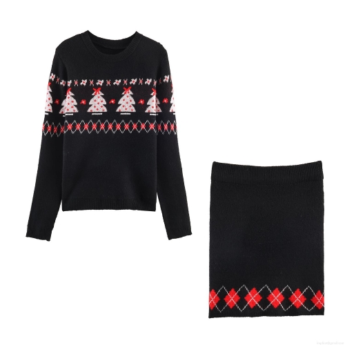 Women's Christmas Knit Sweater And Skirt Set Long Sleeve Round Neck Christmas Tree Argyle Jacquard Two Piece Outfits For Holiday Party