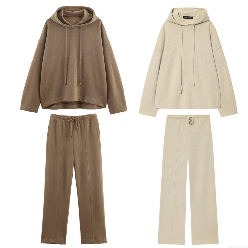 Women's Fashion Soft Hooded Hoodie And Wide Leg Pants Two Piece Set Solid Color Casual Loungewear Autumn Long Sleeve Top And Sweatpants Outfits