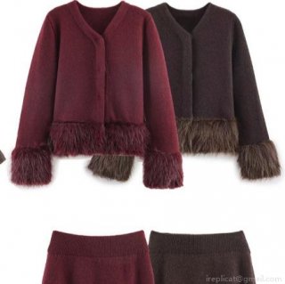 Women's Winter Knitted Two-Piece Set Faux Fur Trim Round Neck Button Cardigan Jacket and Matching High Waist Midi Skirt Warm Casual Streetwear Outfit