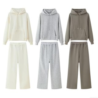 Women's Casual Hooded Sweatshirt and Wide Leg Pants Set Fleece Lined Thick Cotton Blend Loungewear Two Piece Outfit for Winter Daily Home Wear