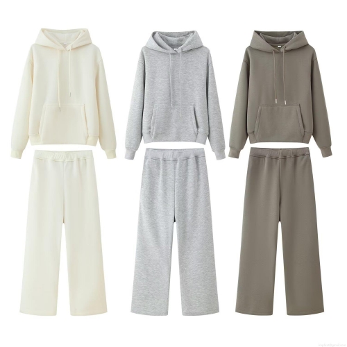 Women's Casual Hooded Sweatshirt and Wide Leg Pants Set Fleece Lined Thick Cotton Blend Loungewear Two Piece Outfit for Winter Daily Home Wear