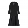 Women Elegant Black Blazer And Pleated Skirt Two Piece Set Long Sleeve V-Neck Patchwork Office Lady Business Suit Set For Winter Women's Clothing