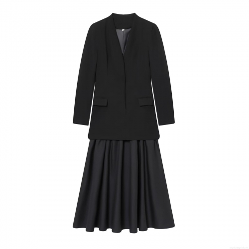 Women Elegant Black Blazer And Pleated Skirt Two Piece Set Long Sleeve V-Neck Patchwork Office Lady Business Suit Set For Winter Women's Clothing