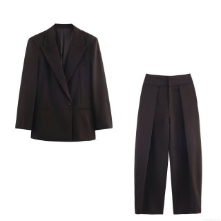Women's Professional Loose Blazer And High Waist Wide Leg Trousers Two Piece Set Polyester Solid Color Office Commute Elegant Suits