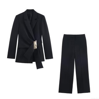 Women Fashion Asymmetric Buckle Blazer Jacket And High Waist Wide Leg Trousers Set Polyester Spandex Business Casual Office Lady Professional Suit