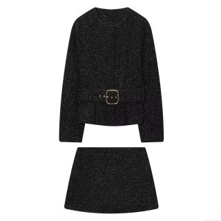 Women Elegant Tweed Two-Piece Blazer Skirt Set Round Neck Long Sleeve Short Jacket With Belt And A-Line Mini Skirt Suits For Office Commute Party Autumn Winter Black White