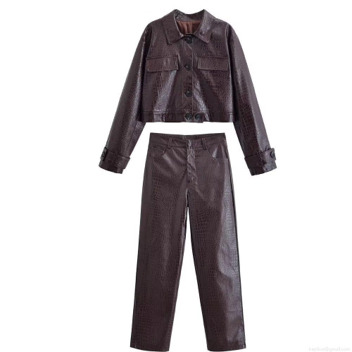 Women's Vintage Crocodile Embossed Faux Leather Jacket And Straight Pants Set Two Piece Street Biker Outfit PU Leather Coat Long Trousers For Women Youth