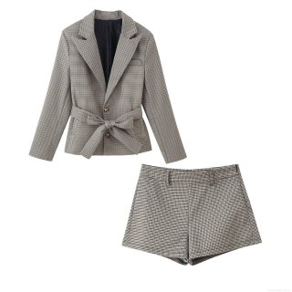 Women's Elegant Houndstooth Blazer and Shorts Two-Piece Set With Waist Belt Vintage Office Plaid Suit Long Sleeve Jacket High Waist Shorts Set