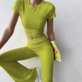 Women's 2 Piece Ribbed Knit Set Casual Short Sleeve Crewneck Crop Top And High Waist Flared Bell Bottom Pants Slim Fit Lounge Tracksuit Outfits