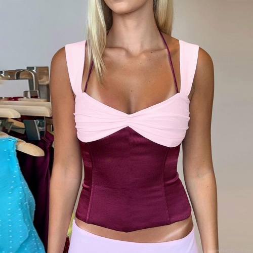 Women's Sexy 2-Piece Set Satin Color Block Ruched Halter Camisole Crop Top and Slim Fit Bodycon Mini Skirt Summer Vacation Party Outfits
