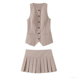 Women's 2 Piece Preppy Plaid Vest and Pleated Mini Skirt Set Office Lady Slim Fit Single Breasted Waistcoat Academic Style Outfits Brown Checkered Skirt Suit