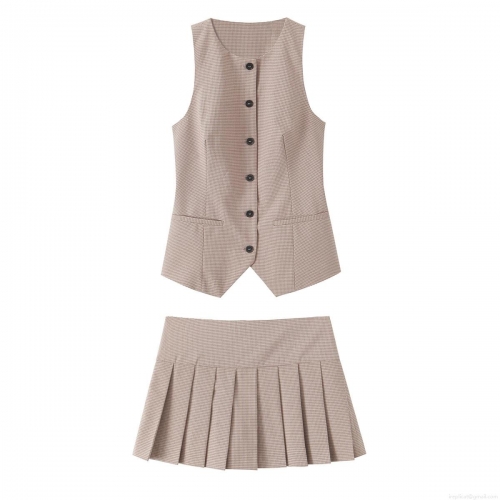Women's 2 Piece Preppy Plaid Vest and Pleated Mini Skirt Set Office Lady Slim Fit Single Breasted Waistcoat Academic Style Outfits Brown Checkered Skirt Suit