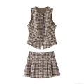 Women's Plaid Vest and Pleated Skirt Set Vintage Preppy Sleeveless Button Up Top High Waist Mini Skirt 2-Piece Outfits for Women