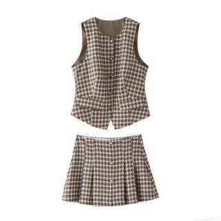 Women's Plaid Vest and Pleated Skirt Set Vintage Preppy Sleeveless Button Up Top High Waist Mini Skirt 2-Piece Outfits for Women