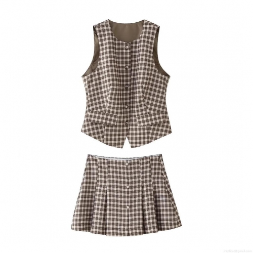 Women's Plaid Vest and Pleated Skirt Set Vintage Preppy Sleeveless Button Up Top High Waist Mini Skirt 2-Piece Outfits for Women
