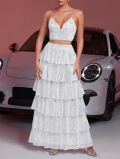 Women's Sexy Two-Piece Sequin Skirt Set V-Neck Spaghetti Strap Crop Top and Multi-Layered Tiered Cake Maxi Skirt for Evening Party Wedding Banquet