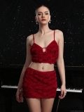 Sexy Women's Red 3D Rose Flower Two-Piece Set Mesh V-Neck Camisole Crop Top And Bodycon Mini Skirt Party Club Outfit