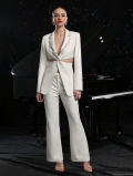 Elegant White Two Piece Women Suit Set Hollow Out Blazer With Rhinestone Trim And High Waist Wide Leg Trousers For Office Party Wedding