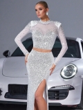 Women's Elegant White Sequin Two Piece Set Long Sleeve Crop Top And High Slit Floor Length Skirt Luxury Banquet Evening Party Formal Outfits