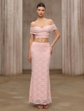 Women Elegant Pink Lace Two-Piece Set Sexy Off-Shoulder Crop Top and High Waist Bodycon Mermaid Maxi Skirt for Evening Party Wedding Guest Date Slim Fit Chic Outfit