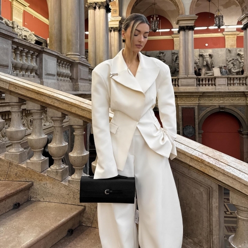 Elegant White Women's Blazer Pants Set Broad Shoulder Slim Fit Single Breasted Suits With Wide Leg Trousers Fashion Office Lady Two Piece Outfits