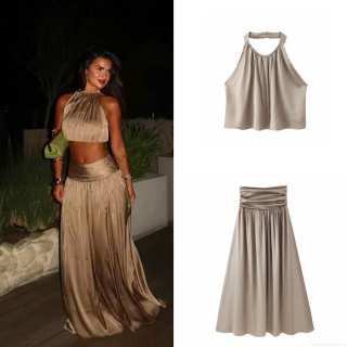 Women's Elegant Two Piece Satin Skirt Set Halter Neck Backless Pleated Crop Top High Waist Maxi Skirt For Party Club Vacation Summer Outfits