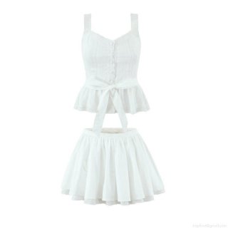 Women's Sweet White 100% Cotton 2-Piece Set Lace Trim Camisole And Tiered Pleated Mini Skirt Outfits For Vacation Party Streetwear