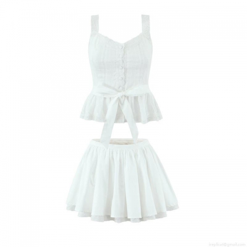 Women's Sweet White 100% Cotton 2-Piece Set Lace Trim Camisole And Tiered Pleated Mini Skirt Outfits For Vacation Party Streetwear
