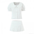 Women Sweet Two Piece Skirt Set 100 Percent Cotton Peter Pan Collar Puff Sleeve Shirt And Mini Pleated Skirt Lace Patchwork White Summer Outfit For Ladies