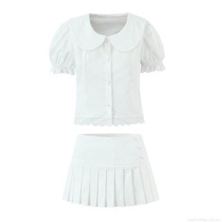 Women Sweet Two Piece Skirt Set 100 Percent Cotton Peter Pan Collar Puff Sleeve Shirt And Mini Pleated Skirt Lace Patchwork White Summer Outfit For Ladies