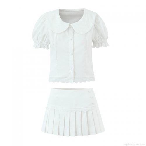 Women Sweet Two Piece Skirt Set 100 Percent Cotton Peter Pan Collar Puff Sleeve Shirt And Mini Pleated Skirt Lace Patchwork White Summer Outfit For Ladies