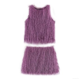 Women's Sexy Purple Faux Fur Fringe Two-Piece Set Sleeveless Round Neck Crop Top and Bodycon Mini Skirt Party Clubwear Set