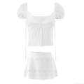 Women's 3-Piece Skirt Set White 100% Cotton Eyelet Embroidery Camisole Top Puff Sleeve Cardigan Mini Skirt Sexy Streetwear Summer Outfits
