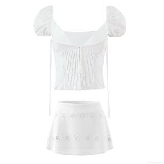 Women's 3-Piece Skirt Set White 100% Cotton Eyelet Embroidery Camisole Top Puff Sleeve Cardigan Mini Skirt Sexy Streetwear Summer Outfits