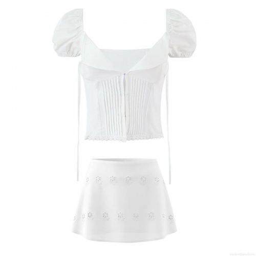 Women's 3-Piece Skirt Set White 100% Cotton Eyelet Embroidery Camisole Top Puff Sleeve Cardigan Mini Skirt Sexy Streetwear Summer Outfits