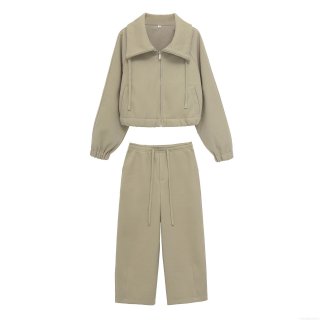 Women's Casual 2 Piece Lounge Set Soft Polyester Long Sleeve Zipper Jacket with Drawstring Wide Leg Pants Solid Color Tracksuit Set