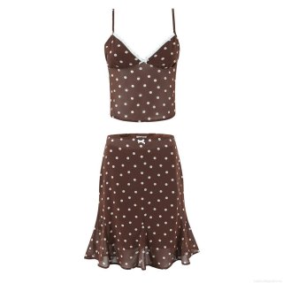 Women French Retro Polka Dot 2 Piece Skirt Set Polyester Chiffon Backless Camisole Top And Ruffle Fishtail Midi Skirt For Summer Vacation Beach Party
