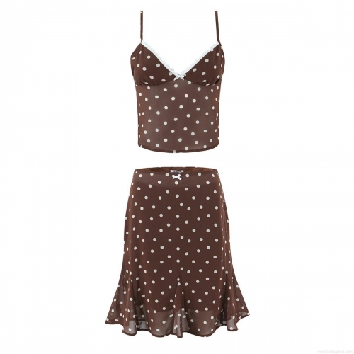Women French Retro Polka Dot 2 Piece Skirt Set Polyester Chiffon Backless Camisole Top And Ruffle Fishtail Midi Skirt For Summer Vacation Beach Party