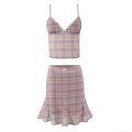 Women's Two Piece Plaid Skirt Set Lace Trim Bow Camisole Crop Top And Mermaid Mini Skirt Summer Casual Sweet Gingham Outfits Set Polyester Mesh