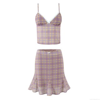 Women's Two Piece Plaid Skirt Set Lace Trim Bow Camisole Crop Top And Mermaid Mini Skirt Summer Casual Sweet Gingham Outfits Set Polyester Mesh