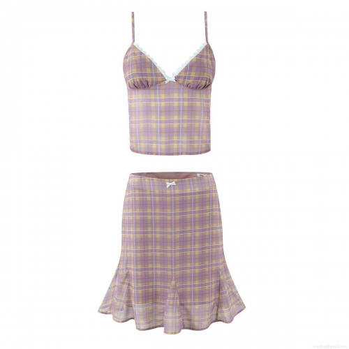 Women's Two Piece Plaid Skirt Set Lace Trim Bow Camisole Crop Top And Mermaid Mini Skirt Summer Casual Sweet Gingham Outfits Set Polyester Mesh