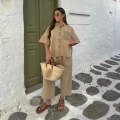 Women's Two Piece Pants Set Polyester Cotton Blend Loose Color Block Short Sleeve Shirt and Wide Leg Pants Summer Beach Vacation Casual Outfit