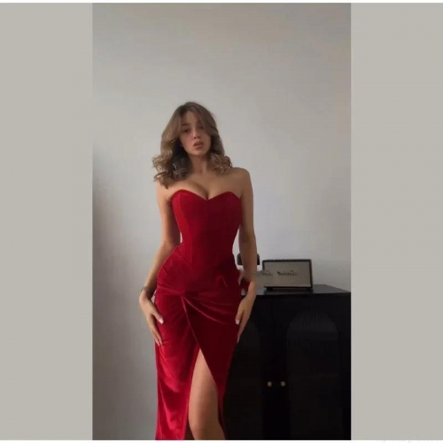 Women Sexy Velvet Two-Piece Skirt Set Tube Top And High Slit Maxi Skirt Backless Lace Up Bodycon Evening Party Prom Clubwear Dress