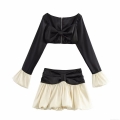 Women's Fashion Satin 2 Piece Skirt Set Long Sleeve Bow Back Crop Top and Color Block Bubble Mini Skirt Elegant Party Clubwear Spice Girl Style Outfits
