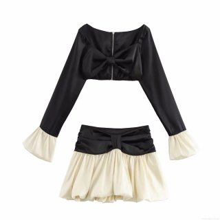 Women's Fashion Satin 2 Piece Skirt Set Long Sleeve Bow Back Crop Top and Color Block Bubble Mini Skirt Elegant Party Clubwear Spice Girl Style Outfits