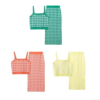 Women's Plaid Knit Two Piece Set Gingham Crop Cami Top And Side Slit Bodycon Midi Skirt Outfit For Summer Vacation Party Casual Wear