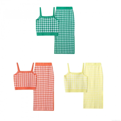 Women's Plaid Knit Two Piece Set Gingham Crop Cami Top And Side Slit Bodycon Midi Skirt Outfit For Summer Vacation Party Casual Wear