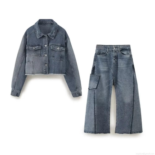 Women's Retro Washed Denim Set Vintage Two-Piece Cropped Denim Jacket With Wide Leg Denim Pants Streetwear Raw Hem Splice Button Denim Suit For Women