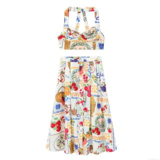 Women's 2 Piece Set Mediterranean Fruit Print Halter Crop Top and High Waist Button A-Line Midi Skirt Polyester Vacation Summer Beach Outfit